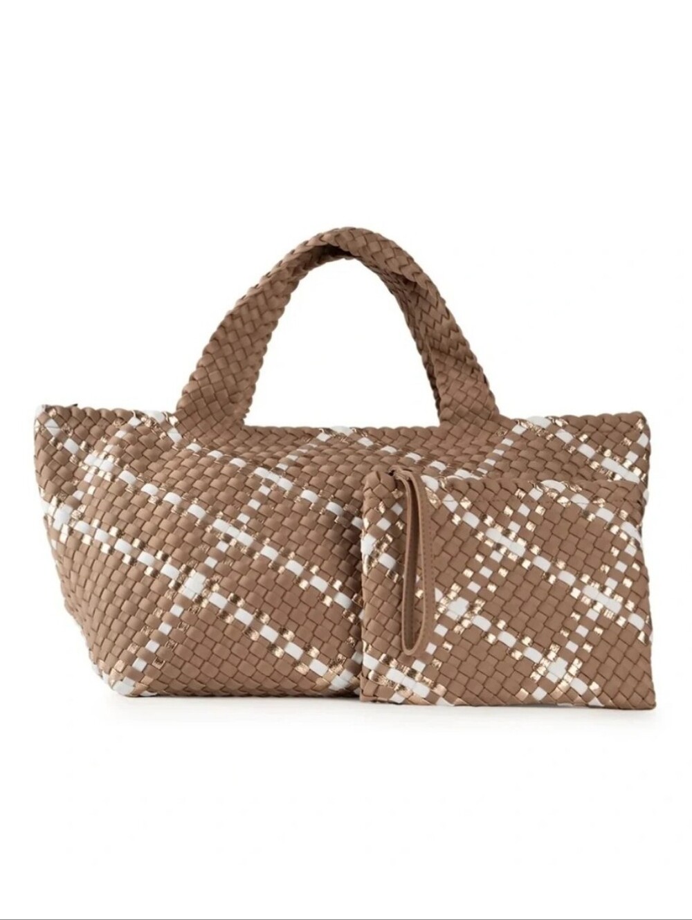 Haute Shore Bobbi Buff Woven Tote Brown White Metallic Rose Gold